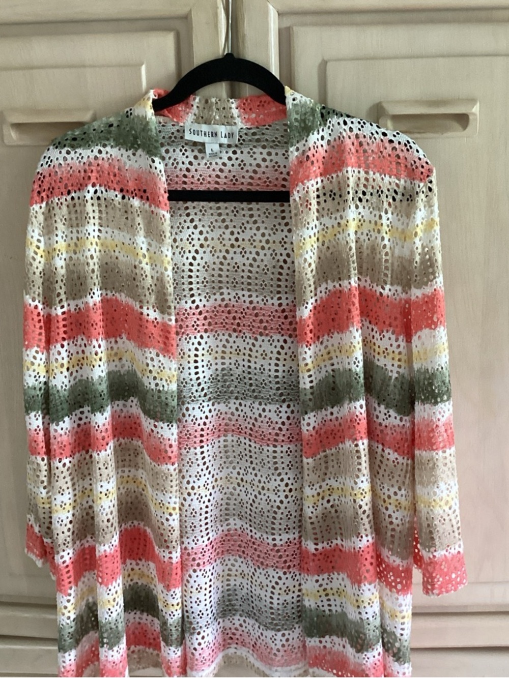 Southern Lady Striped Open-Knit Cardigan‎ in Coral, Olive & Cream